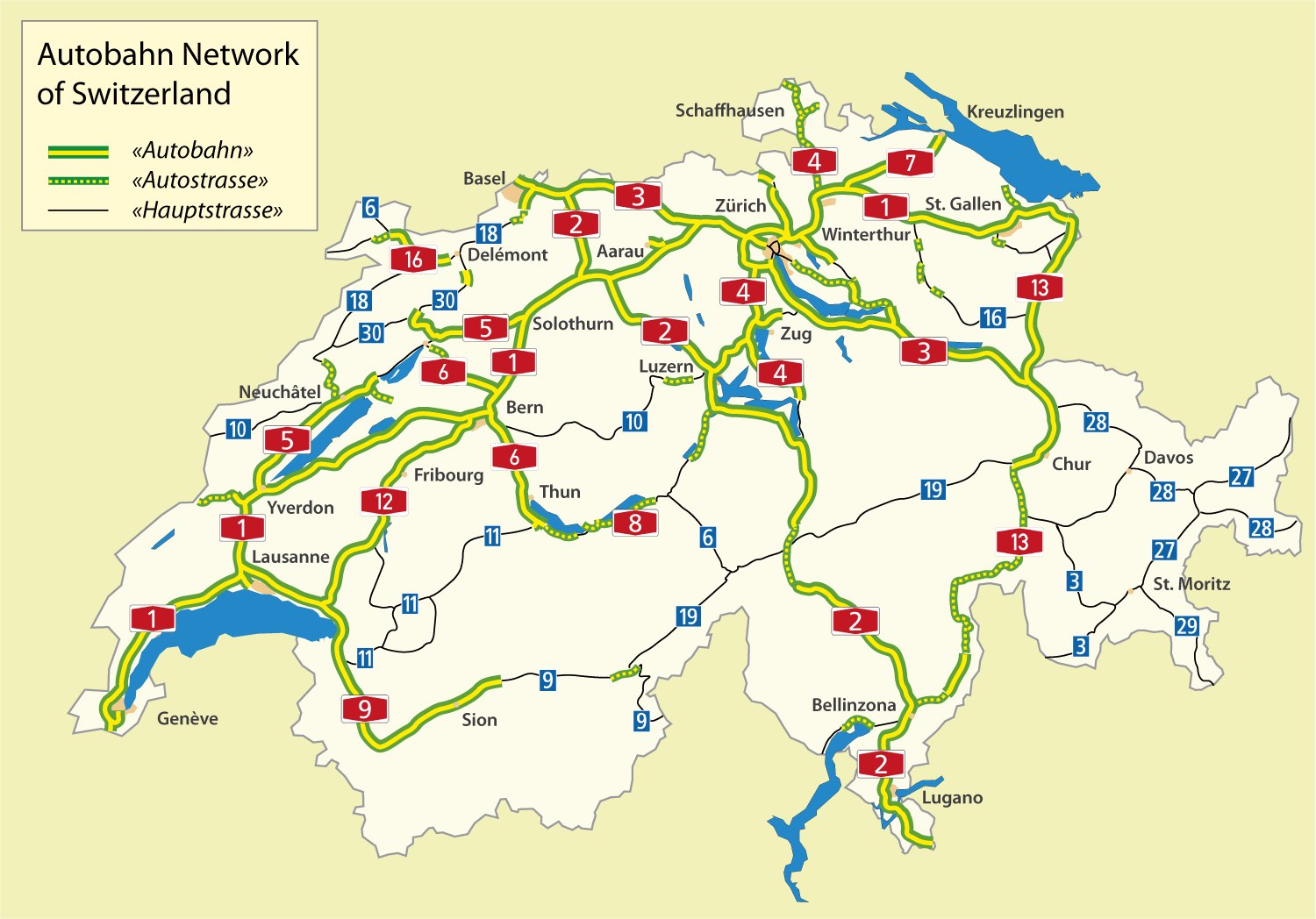Mapa autostrad w Szwajcarii