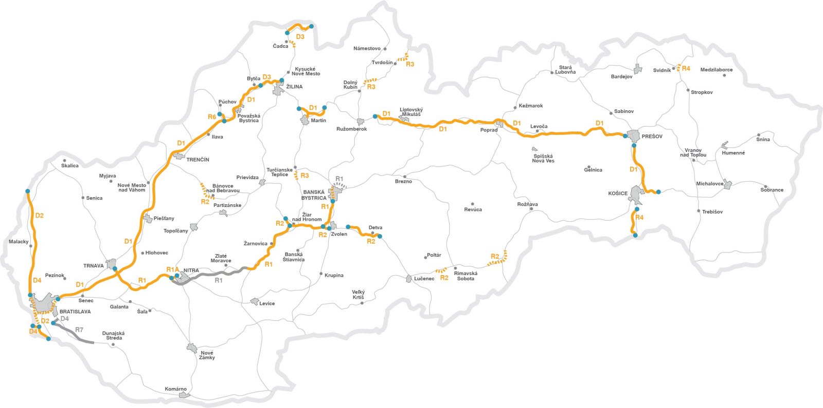 Mapa autostrad na Słowacji