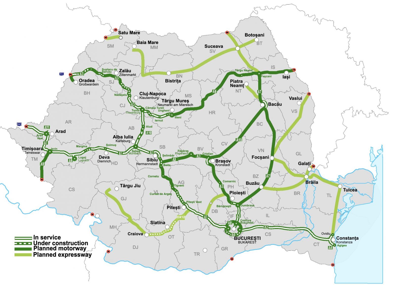 Mapa autostrad w Rumunii